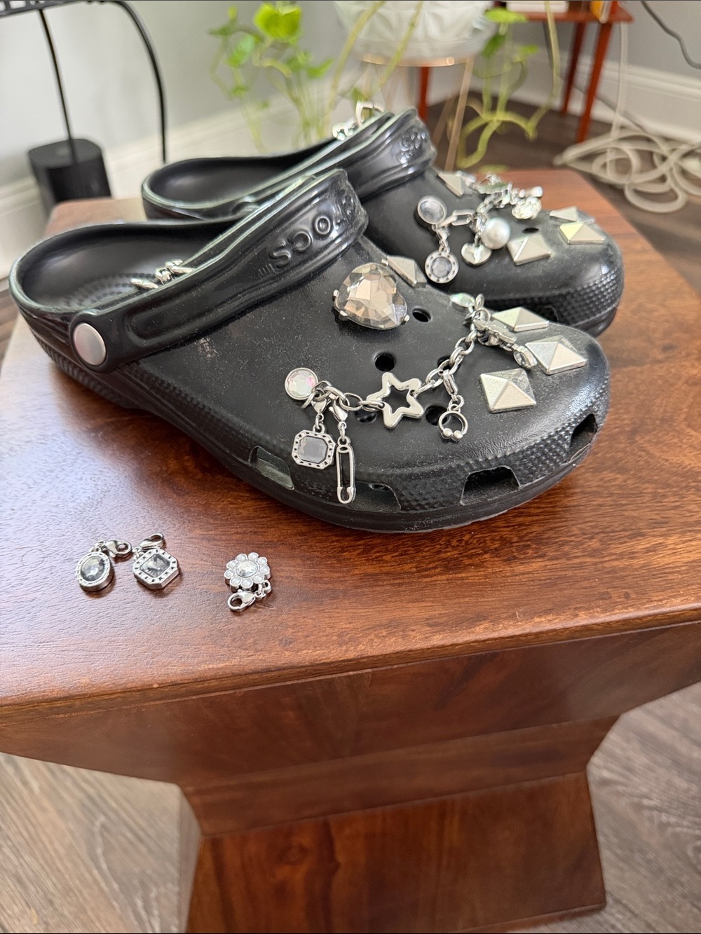 CROCS Black Classic Clog with Silver Charm Chain and Studs